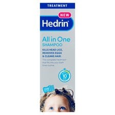 The white box of Hedrin Kills Head Lice Shampoo (100ml) features its pesticide-free formula, effectively killing lice, removing eggs, and cleaning hair. An image shows a child peeking from below, with text highlighting the quick 10-minute treatment.