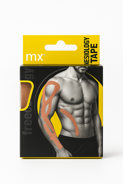 A box of MXHealth MX Health Kinesiology Tape - 5cm x 5m Beige (1 Roll) displays a photo of a shirtless man with tape on his arm and side. The black and yellow packaging highlights muscle support and injury prevention uses.