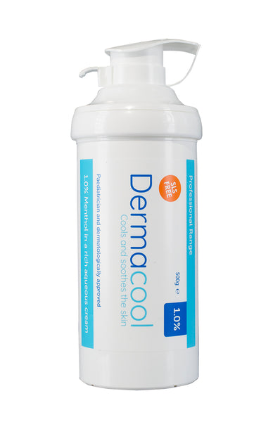 Dermacool Menthol Aqueous Cream 1% (500g) by Dermacool is SLS-free and ideal for cooling and soothing skin. The white packaging features blue and red accents, enhanced by a practical pump dispenser for refreshing relief.