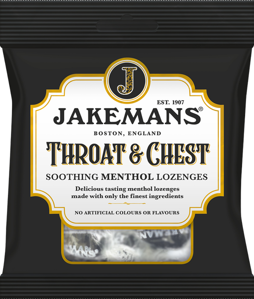 A black and white packet of Jakemans Throat & Chest Soothing Menthol Sweets (73g), labeled with Boston, England and No Artificial Colours or Flavours, offers soothing relief with premium ingredients. Some sweets are visible through a clear window.