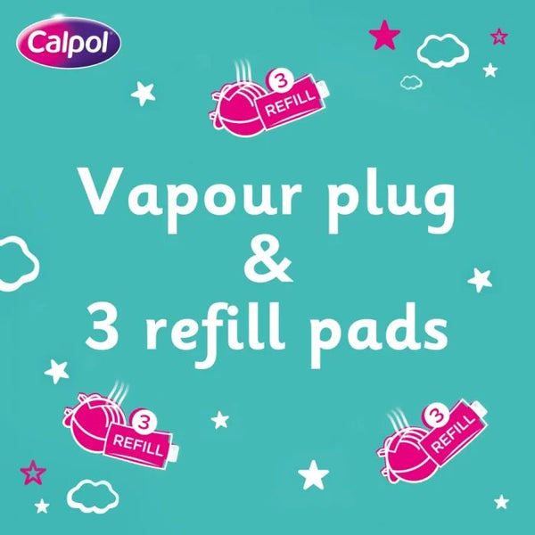 A turquoise background showcases the Calpol logo and the Vapour Plug & Refill Pads text in white. Pink vapour plugs, aromatic oils, and white clouds and stars emphasize a comforting night-time ambiance.