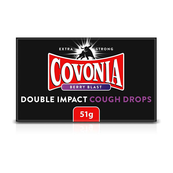 A black rectangular package of Covonia Original Double Impact Cough Drops (51g) emits menthol vapors, ideal for alleviating cold and flu symptoms. The packaging features the red and white Covonia logo with a horse and states Extra Strong.