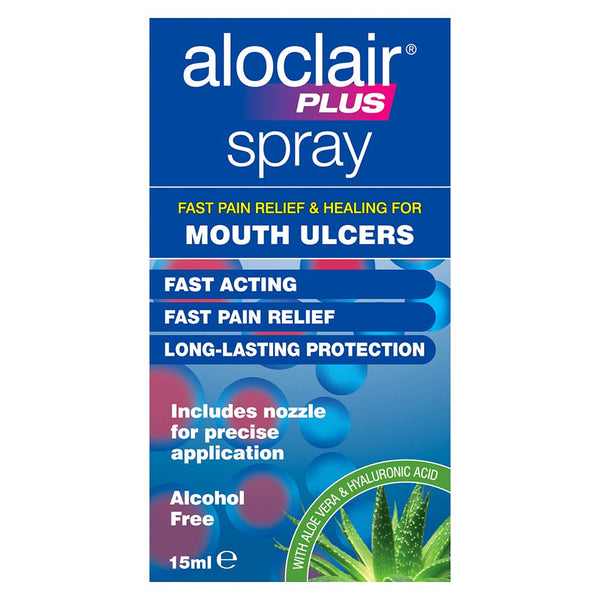 The Aloclair Plus Spray Mouth Ulcer Treatment (15ml) by Aloclair provides fast pain relief and lasting protection with its alcohol-free formula enriched with aloe vera and hyaluronic acid, delivered via a precise nozzle for effective and soothing care.