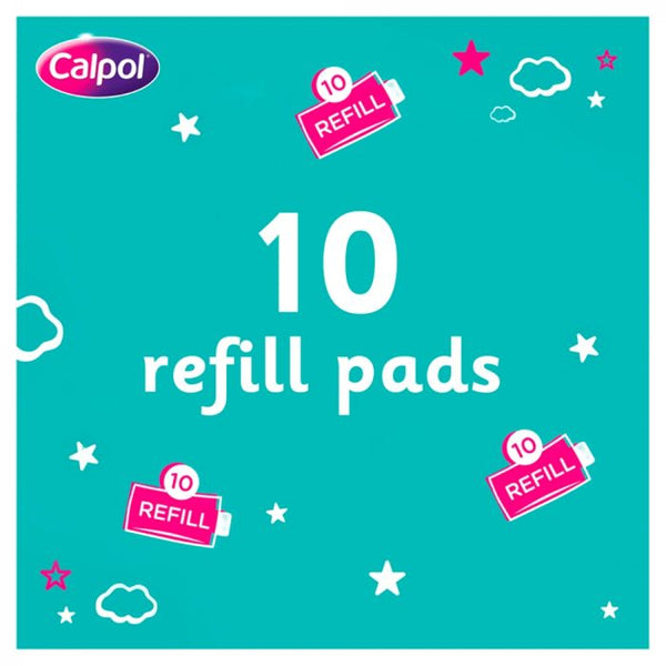 Teal promotional graphic for Calpol Vapour Plug Refill Pads 3+ Months (10 count) features 10 refill pads in white, surrounded by packet illustrations labeled 10 Refill in pink, accented with stars and clouds to suggest night-time comfort using soothing aromatic oils.