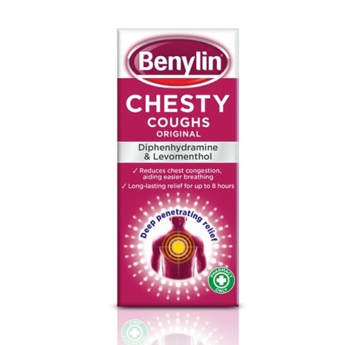 The Benylin Chesty Coughs Original (300ml) packaging features a soothing red and white design, with diphenhydramine and levomenthol for chest congestion relief lasting up to 8 hours. It includes imagery emphasizing the human chest area.