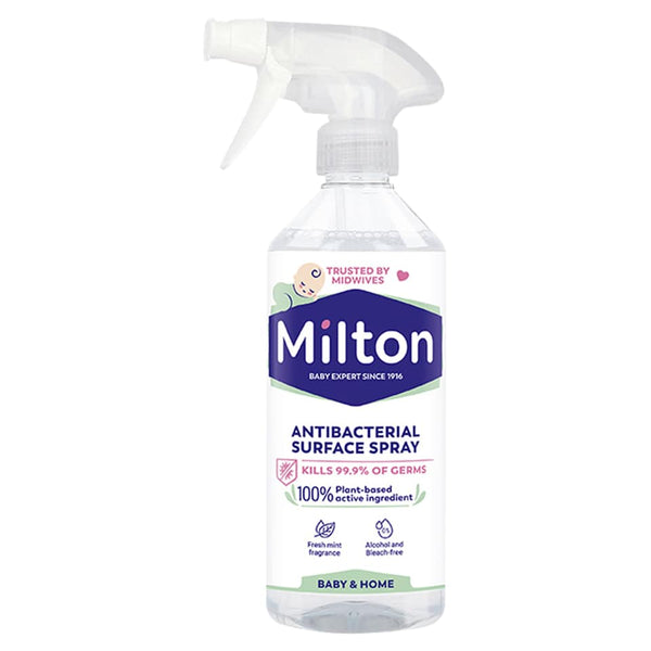 Milton spray (500ml) features a smiley face and Trusted by Midwives label. Its ideal for cleaning baby equipment, claims to kill 99.9% of germs with plant-based ingredients, and has a fresh mint fragrance.