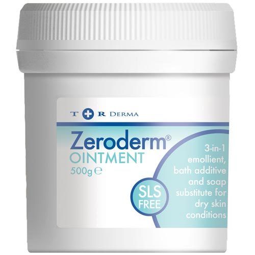 Zeroderm Ointment (500g) in a white plastic container is a versatile 3-in-1 skincare solution, serving as an emollient, bath additive, and soap substitute for dry, sensitive skin. It is marked SLS Free and branded with T+R Derma at the top.