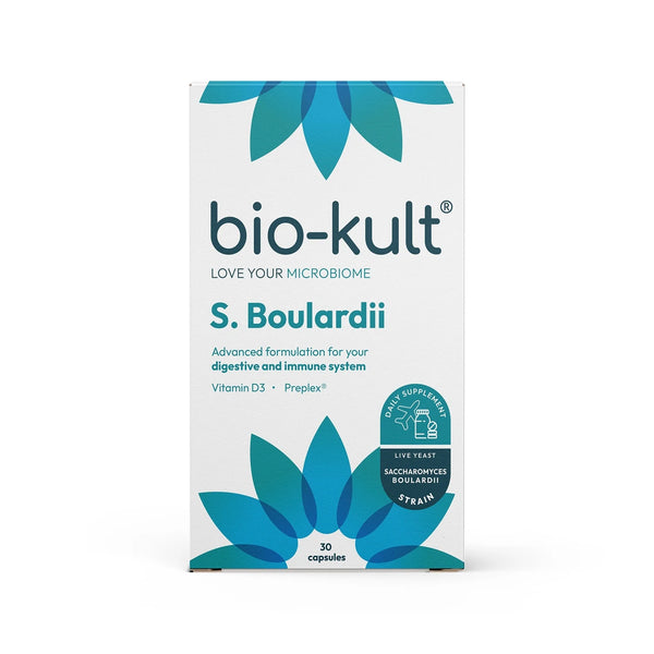 Bio-Kult S.Boulardii Capsules (30) by Bio-Kult feature teal and blue leaf designs and support digestive tract and immune system health with vitamin D3 and Preplex.
