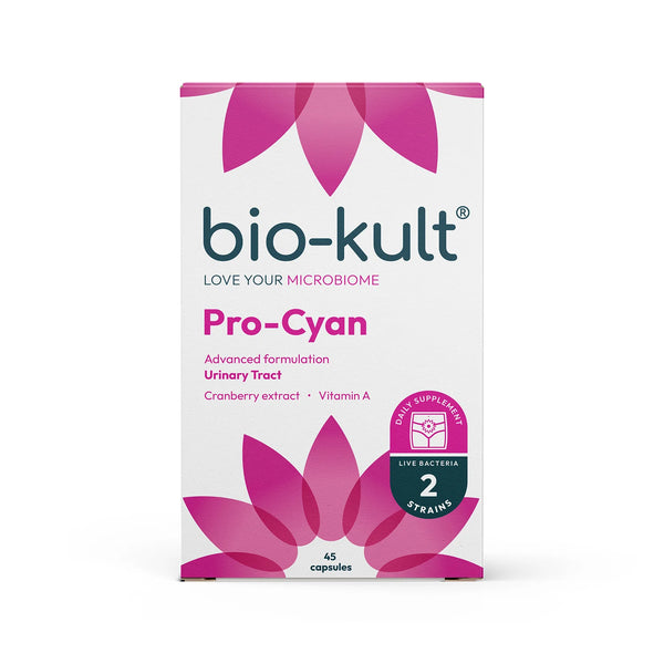 Bio-Kult Pro Cyan capsules (45) by Bio-kult are a probiotic supplement with cranberry extract, Proanthocyanidins (PACs), vitamin A, and live bacteria, packaged in a white box with pink floral designs.