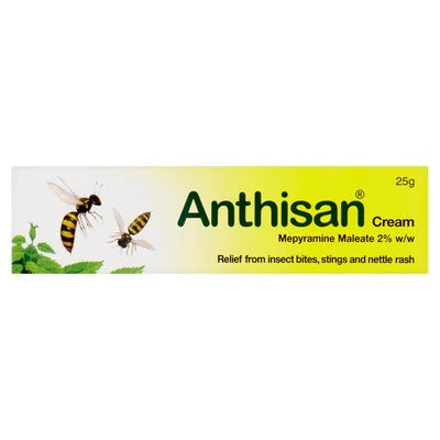 Anthisan Bite and Sting Cream (25g) by Anthisan, featuring images of flying insects, contains the antihistamine mepyramine maleate and relieves insect bites, stings, and nettle rash.