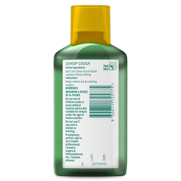 A green plastic bottle of Lemsip Cough for Dry Cough & Sore Throat Solution (180ml) with a yellow cap. The non-drowsy formula offers symptom relief, highlighting the active ingredient, indications, and warnings. A bar code and instructions prompt you to consult a doctor if symptoms persist.