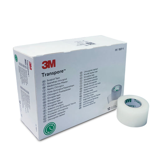 A box of 3M Transpore Tape 2.5cm X 9.1M is shown beside a roll of the tape. The multi-language box contains 12 rolls, each noted for dependable adhesion.
