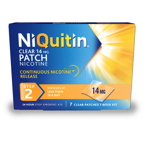 Niquitin 14mg Patches Original Step 2 (Pack of 7) by NiQuitin offers a one-week supply to ease nicotine withdrawal for those smoking under 10 cigarettes daily, featuring continuous 24-hour nicotine release.