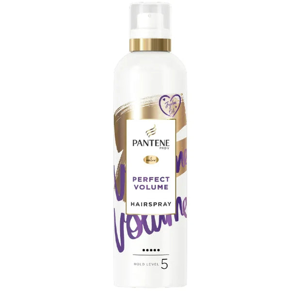 A white 250ml Pantene Pro-V Hairspray Perfect Volume bottle with gold and purple accents, a clear cap, and Level 5 hold for long-lasting volume.
