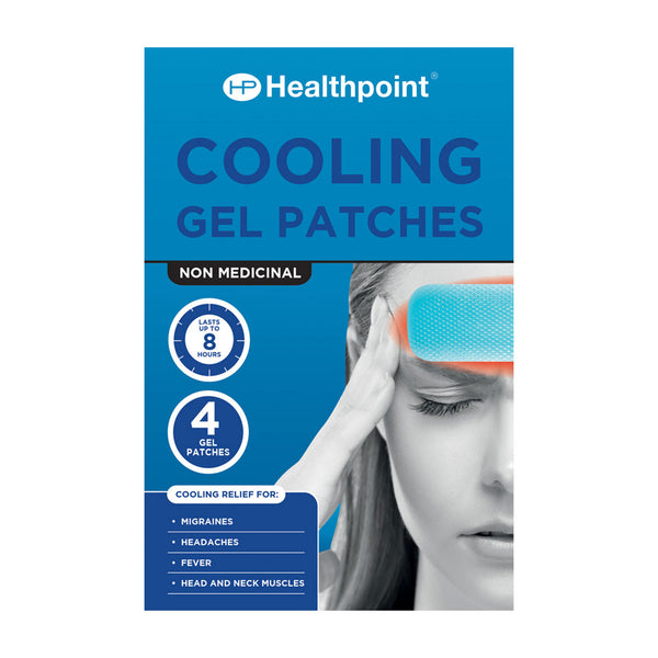 A box of Healthpoint Cooling Gel patches (4 pack) by Healthpoint, showing a woman using one on her forehead; non-medicinal packaging highlights relief for migraines, headaches, fever, and muscle aches. Includes 4 easy-to-use gel patches.