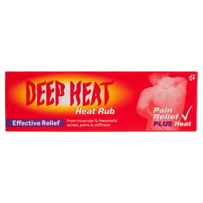 A red Deep Heat Rub (67g) box with bold yellow text promises Effective Relief for muscular aches and stiffness, featuring a semi-transparent image of someone applying the cream to their back.