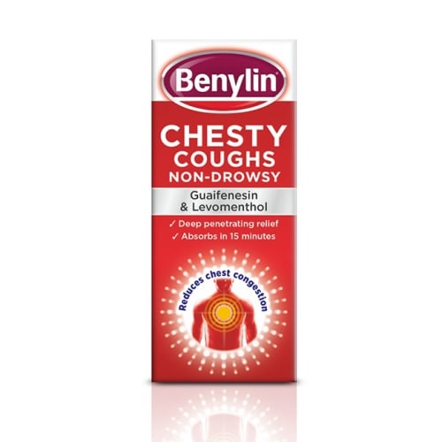 The image depicts a red box of Benylin Chesty Coughs Non-Drowsy Cough Syrup (150ml), featuring guaifenesin and levomenthol. It provides deep relief in 15 minutes, reducing chest and bronchial congestion effectively.
