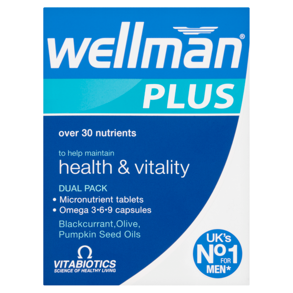 Front of a Vitabiotics Wellman Plus Dual Pack Tablets/Capsules (56) box, blue and white design, featuring over 30 vitamins and minerals for men’s health with omega capsules and micronutrient tablets. UK’s No. 1 daily supplement by Vitabiotics.