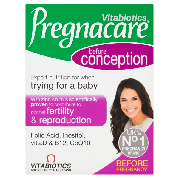 Vitabiotics Pregnacare Before Conception (30 Tablets) highlights zincs fertility benefits, with vitamins D, B12, folic acid, inositol, and CoQ10 for reproductive health. The packaging features a smiling woman and a badge declaring UKs No. 1 pregnancy brand.