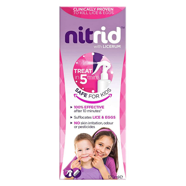 Image of a Nitrid All in One Treatment Spray box (120ml) highlighting a 5-minute lice and egg eradication, kid-safe formula with no skin irritation or pesticides. Features a smiling woman and child for peace of mind.