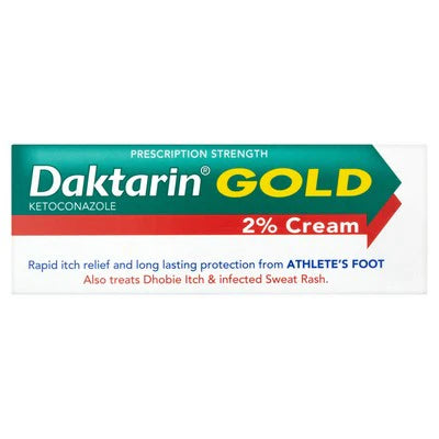 The image showcases Daktarin Gold 2% Ketoconazole Cream (15g) by Daktarin, offering effective itch relief and prolonged protection against athletes foot, Dhobie itch, and sweat rash.