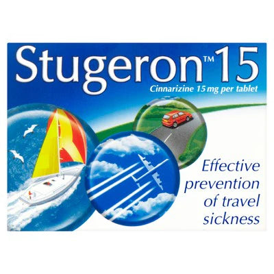 Stugeron - Cinnarizine (15 Tablets) offers effective prevention of travel sickness with 15 mg tablets. The packaging features images of a sailboat, airplane, and car.