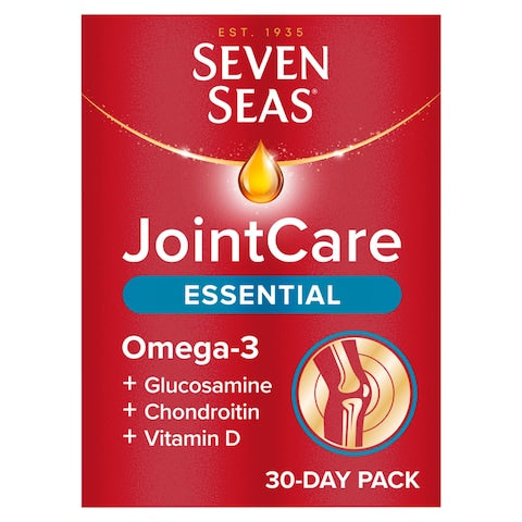 Red package of Seven Seas JointCare Essential (30 Capsules) by Seven Seas, featuring a joint diagram. Contains Omega-3, glucosamine, chondroitin, and Vitamin D to support normal muscle function.