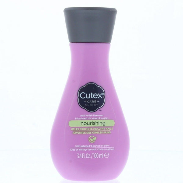 The purple Cutex Nail Polish Remover (100ml) is labeled nourishing, acetone-free, and contains a patented botanical oil blend to promote healthy nails, making it a gentle choice for your nail care routine.