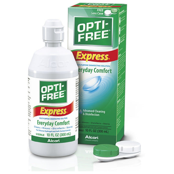 A bottle of Alcons Opti-Free Express (335ml) disinfectant solution with Everyday Comfort labeling is next to its box. Ideal for sensitive eyes, it comes with a free lens case featuring one green and one white cap, conveniently positioned in front of the box.