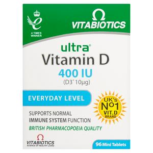 The packaging of Vitabiotics Ultra Vitamin D 400 IU (96 Tablets) displays Everyday Level, UKs No.1 Vit. D Brand, and Supports Normal Immune System Function. It promotes healthy bones and supports your immune system for daily health.