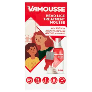 The packaging of Vamousse Head Lice Treatment (160ml) displays a parent inspecting a child’s hair, highlighting the products potent lice eradication. Icons and text emphasize its effectiveness, quick action, and simplicity for thorough eggs removal before combing.