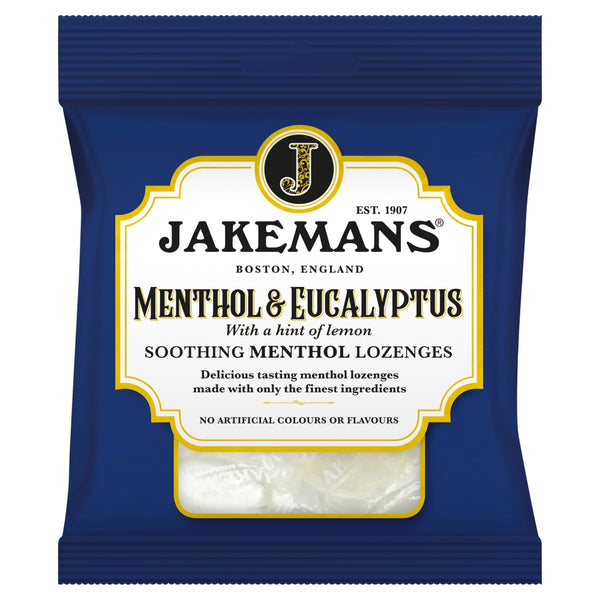 Jakemans Menthol & Eucalyptus Soothing Menthol Lozenges in blue packaging feature a refreshing hint of lemon, boasting No Artificial Colours or Flavours and premium ingredients. Established in 1907, Jakemans from Boston, England offers a classic relief choice.