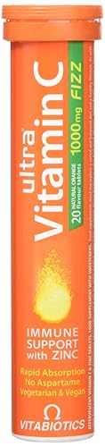 Vitabiotics Vitamin C Effervescent Multivitamin Tablets with Zinc (20s) feature an orange tube marked 1000mg for immune support. They offer rapid absorption, are aspartame-free, and cater to vegetarians and vegans.