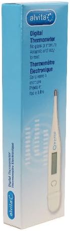 The image displays the Alvita Digital LCD Thermometer box, offering precise readings. The packaging is blue with white text and shows the thermometers digital display. It is labeled in English and French, highlighting its precision in measuring body temperature.