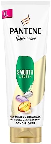 A 350ml tube of Pantene Active Nutri Plex XL - Smooth and Sleek Conditioner with colorful capsules, XL label, frizz control and antioxidant claims on a white and gold design.