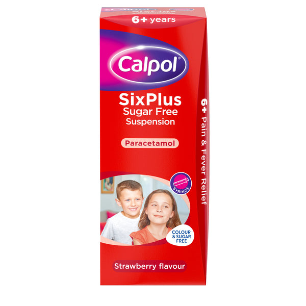 A red box of Calpol Six Plus Suspension Colour and Sugar Free (200ml), for children 6+, strawberry flavor, with paracetamol for pain and fever relief. The box shows smiling children and the Calpol brand name.