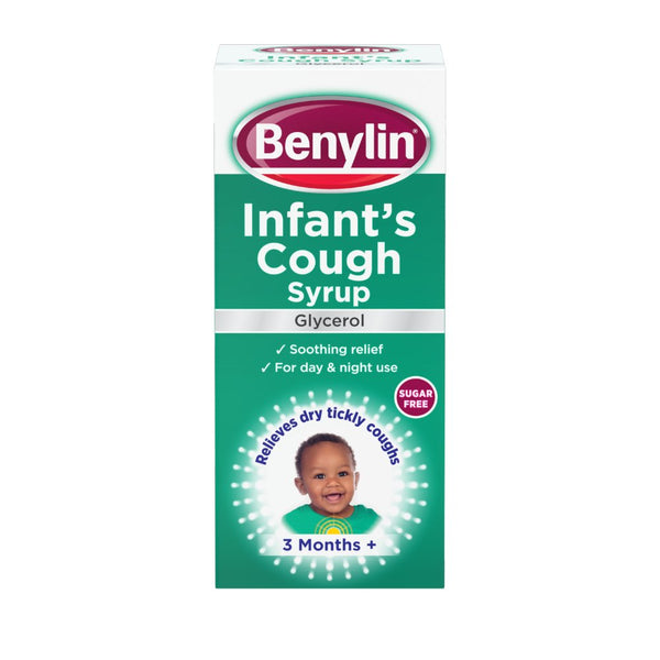 Benylin Infants Cough Syrup 125ml provides soothing relief from dry, tickly coughs for infants aged 3 months and up. The sugar-free formula with glycerol ensures gentle care. Packaged in a green box featuring a smiling baby image, it is ideal for your little ones cough needs.