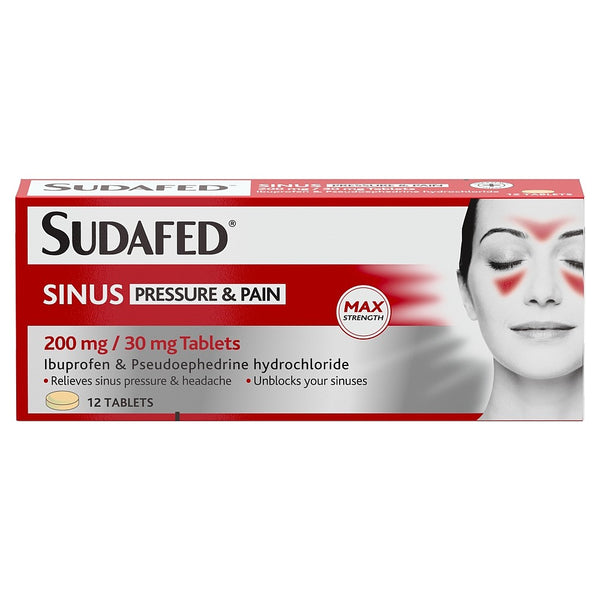 Sudafed Sinus Pressure & Pain (12 Tablets) by Sudafed contains 200 mg ibuprofen and 30 mg pseudoephedrine hydrochloride. The red and white box features a woman’s face with highlighted sinus areas.