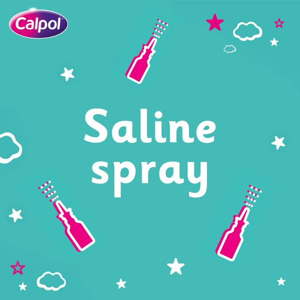 A turquoise background showcases white text, Calpol Saline Nasal Spray from birth (15ml), with pink and white illustrations of spray bottles, stars, and clouds. The Calpol logo is at the top left. This nasal spray naturally relieves nasal congestion effectively.