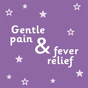 A purple background with white stars features the text: Calpol Infant Suspension Original (100ml) offers gentle pain & fever relief, suitable for children.