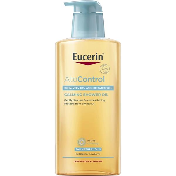 Eucerin Ato Control Shower Oil (400ml) features a blue pump and is formulated for dry, irritated, and sensitive skin, including newborns. It contains 60% natural oils to gently cleanse and protect.