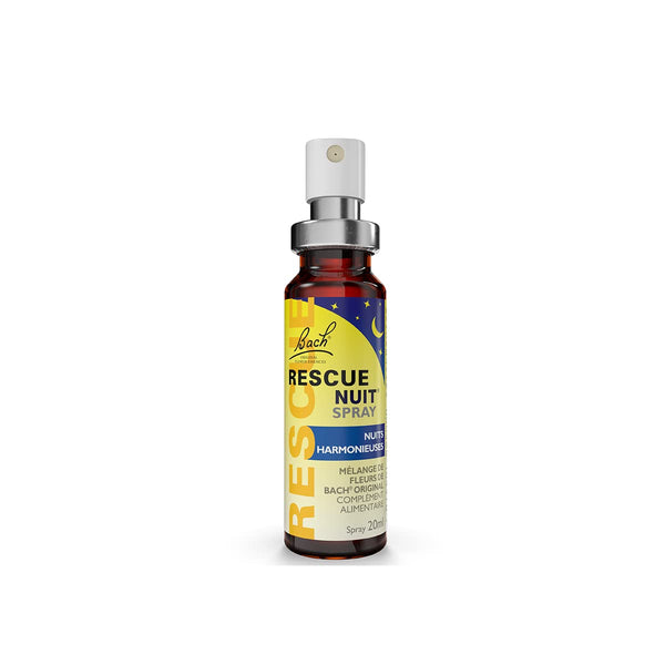 The Bach Rescue Nuit Spray, a 20ml Rescue Bach Remedy, is perfect for nighttime use and ideal for sleep disturbances. It features a yellow label with blue accents, crescent moon and star symbols, and is topped with a silver cap and spray nozzle.