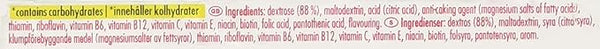 The nutrition label for Dextro Energy Tropical Tablets (47g) by Dextro Energy lists sugars, modified corn starch, stabilizers, potential allergens, dyes, and additives. Infused with essential vitamins for a subtle energy boost to keep you going.