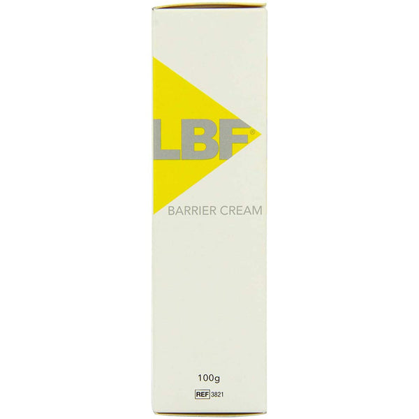 A white CliniMed box displays a yellow arrow with LBF on it. Below, it says BARRIER CREAM for skin protection. The box states 100g and has the reference number REF 3821.