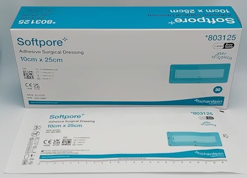 The image depicts a box and package of Softpore Adhesive Surgical Dressing 10 x 25cm (30s) by Molnlycke, designed for moist wound healing with water repellent protection. It features the dimensions 10cm x 25cm, contains 30 pieces, and includes a barcode.