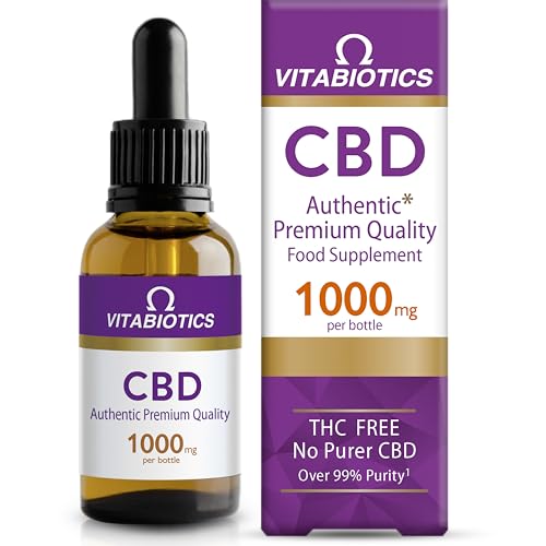 A Vitabiotics CBD 1000 Mg Bottle (30ml) with purple and white labeling sits beside its box, emphasizing Authentic Premium Quality Food Supplement, THC Free with over 99% pure CBD isolate. A dropper cap ensures precision dosing.