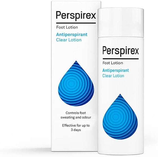 A 100ml bottle and box of Perspirex Antiperspirant Foot Lotion, featuring a blue drop design. The packaging states it controls excessive foot sweating and odour from hyperhidrosis, with up to 3 days effectiveness. Brand: Perspirex.
