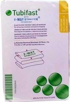The Tubifast TwoWay Stretch packaging, in white and green with circles, features 2-Way Stretch Technology for tubular construction. It measures 10.75 cm x 1m and is designed for dressing retention by Molnlycke.