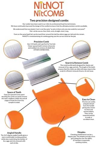 An infographic showcases the Nitnot Lice/Nit Comb, featuring 112 metal teeth and an angled handle for effective debris removal. Its designed for easy cleaning and includes a search & remove comb for lice treatment and nit elimination.