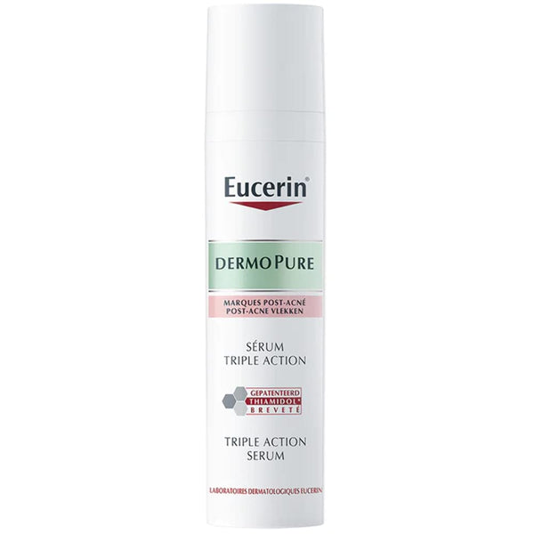 The Eucerin DermoPurifyer Triple Effect Serum (40ml), in sleek white packaging with green and pink accents, utilizes the Hydroxy Complex for treating post-acne marks and promoting skin renewal.